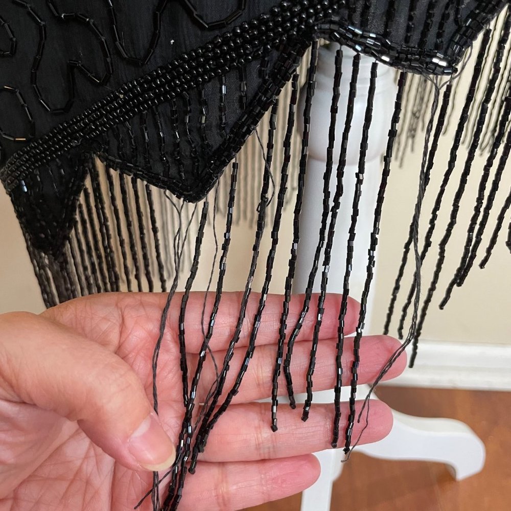 Vintage SCALA 80s Silk Gatsby Cocktail Asymmetric Sequins Beaded Dress Black M - Picture 12 of 12